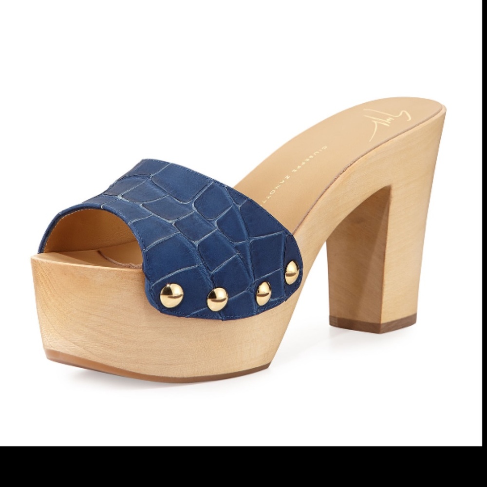 GIUSEPPE ZANOTTI  Blue Croc-Embossed Leather Clog Sandals